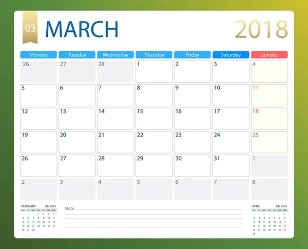 MARZO 2018, calendario vectorial ilustración o planificador de escritorio, semanas comienzan el lunes — Vector de stock