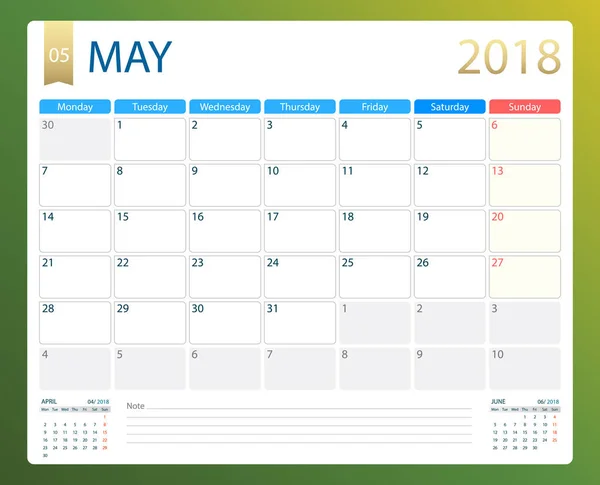 Mai 2018, Illustrationsvektorkalender oder Schreibtischplaner, Wochenbeginn am Montag — Stockvektor