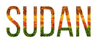 Word sudan ülke sudan yaratıcı bir gelişmekte olan ülke renkli yaprakları yaprakları beyaz yalıtılmış arka planda, baskı için bir afiş ile bulunmakta