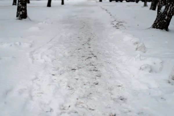 Следы пешеходов на переходе зимой по снегу. Много отпечатков ног на улице во время зимнего похода по дороге в парк . — стоковое фото