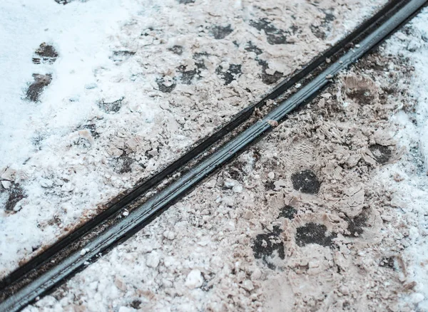 Проезд на трамвае зимой в городе. Следы пешеходов, пересекающих металлические рельсы . — стоковое фото