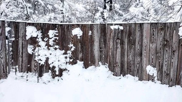 Забор деревянного города зимой. Доски покрыты снегом. На фоне кустов и деревьев, усыпанных снегом. Красивая текстура деревянных досок, на открытом воздухе в мороз . — стоковое фото
