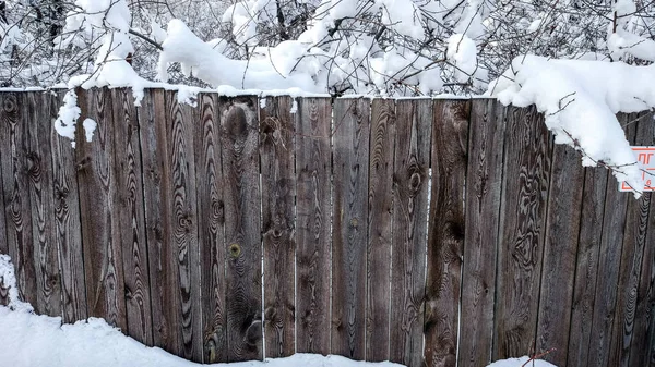 Pagar kayu yang indah di musim dingin di udara segar. Papan tertutup salju. Terhadap latar belakang semak-semak dan pohon bertebaran dengan salju. Indah tekstur papan kayu, luar ruangan dalam embun beku . — Stok Foto