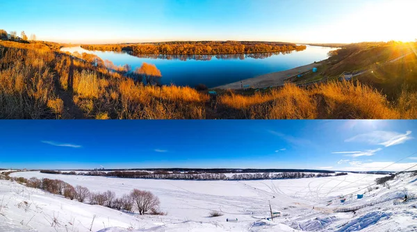 Musim dingin dan lanskap musim panas sungai. Latar belakang danau yang indah dengan pohon dan langit biru. Ponarama alam adalah musim yang berbeda . — Stok Foto