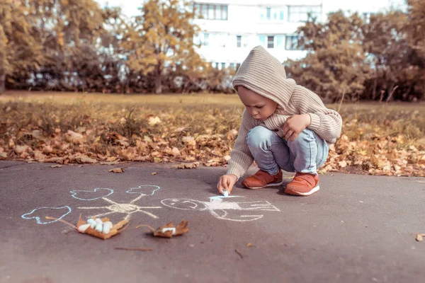 Niño de 4-5 años, dibuja con lápices de colores en el pavimento, en suéter cálido con capucha, crea creatividad y dibujos. En verano en el parque de otoño. Fondo hojas de otoño pavimento. Espacio libre para texto . — Foto de Stock