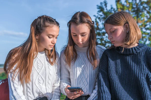 Три подружки девочки школьницы подростки 13-15 лет, осенний летний день в городе, читать и смотреть сообщения мобильного телефона, смотреть видео Интернет, приложение социальных сетей. В вязаных свитерах . — стоковое фото