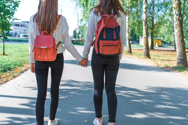 Dua gadis sekolahan berusia 12-15 tahun, di hari musim panas musim gugur kota, pulang ke rumah di jalan, melihat dari belakang, di belakang ransel, pakaian santai, sweater dan jins, jalan ke sekolah dan kembali . — Stok Foto