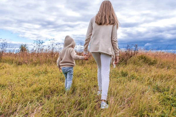 Ibu muda berjalan di musim gugur di jalan di taman dengan seorang anak kecil dengan tangan, dengan pakaian hangat dengan latar belakang awan rumput. Jalan-jalan di alam. Tampilan belakang . — Stok Foto