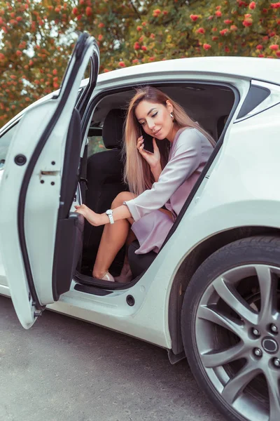 Business Frau in Auto Taxi, Rosa gegerbtes Leder Anzug, glücklich