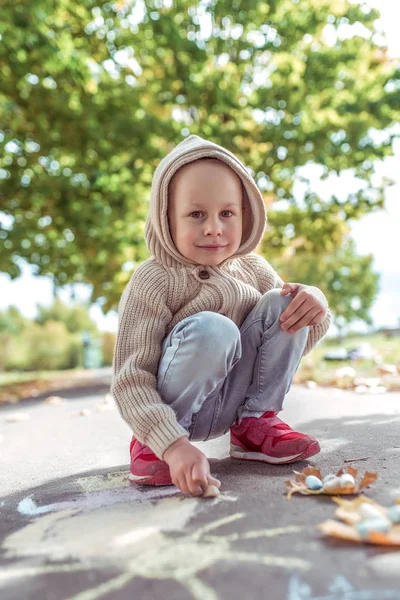Liten pojke 3-5 år gammal, glada drar färgglada kritor på trottoaren, kreativitet i parken, känna sig lycklig. Varma kläder med huva. Höstdagen. Känslor lycka och nöje. — Stockfoto