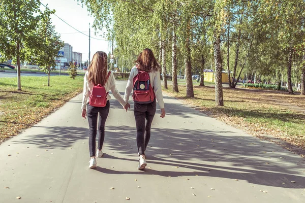 Két lány barátnő iskolás lányok séta a nyári parkban, háttér út fák, kilátás hátulról, hátizsák mögött, visszatérő iskola után, út haza. Szabad hely a szöveg másolásához. — Stock Fotó
