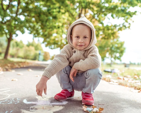 Menino, cidade de verão, desenha com lápis de cor, roupas quentes casuais, camisola bege com capuz. Criatividade criativa e conceito de arte. Fundo folhas de outono asfalto. Emoções de felicidade sorriso positivo . — Fotografia de Stock