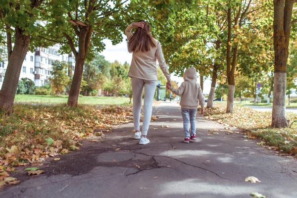 女性のお母さんは小さな男の子の息子と一緒に歩く4-5歳,市内の秋の公園.コピーテキストのための無料スペース。バックビュー。暖かいカジュアルウェア。子育ての概念、子供への愛. — ストック写真