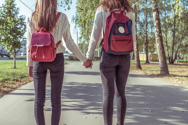 Duas meninas namoradas no verão na cidade, segurando as mãos umas das outras, vista das costas, dia de outono, retornando da escola e instituto, mochilas atrás das malas . — Fotografia de Stock