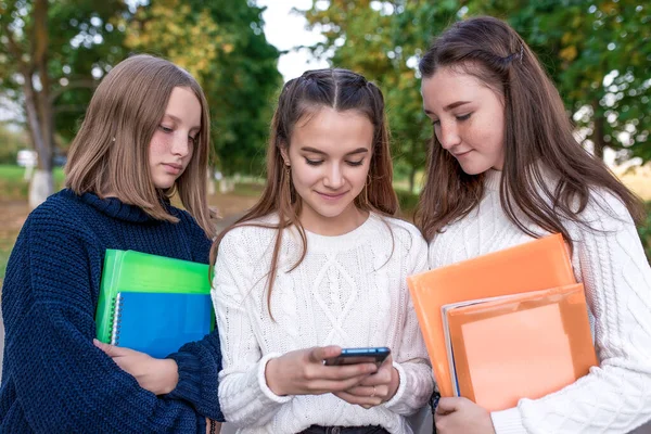 Три девочки, школьницы, подростки 12-15 лет, летний парк, смотреть видео-телефон, папки тетради тезисы с учебниками. Отдых в колледже. Социальные сети, интернет-приложение . — стоковое фото