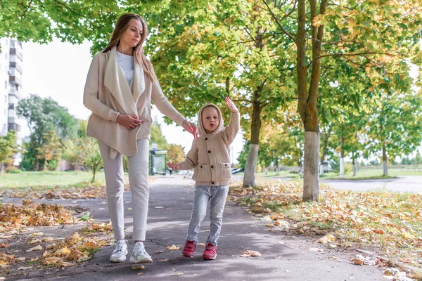 Žena maminka chodí s dítětem chlapec 3-5 let. Podzimní park ve městě. Pozadí stromy chodník listí na trávě. Nenucené teplé oblečení. Projděte se po městě. Rodičovská péče. — Stock fotografie