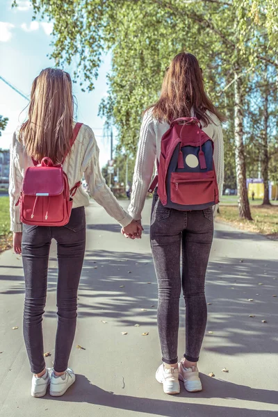 Dua gadis sekolahan saling berpegangan tangan, pulang ke rumah sepulang sekolah dan kuliah. Musim panas di kota, pohon jalanan, pemandangan dari belakang. Ransel di belakang. Casual memakai jeans sweater . — Stok Foto