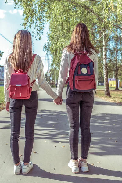 Dos niñas colegialas se toman de la mano, regresando a casa después de la escuela y la universidad. Verano en la ciudad, árboles de carretera de fondo, vista desde atrás. Mochilas detrás. Pantalones vaqueros de desgaste casual . — Foto de Stock