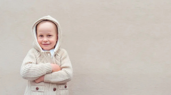 Menino alegre feliz 3-5 anos, de pé em bege jumper com capuz, parede de fundo, alegre em positivo. Espaço livre para texto de cópia, banner para tagline. Emoções relaxamento diversão alegria celebração . — Fotografia de Stock