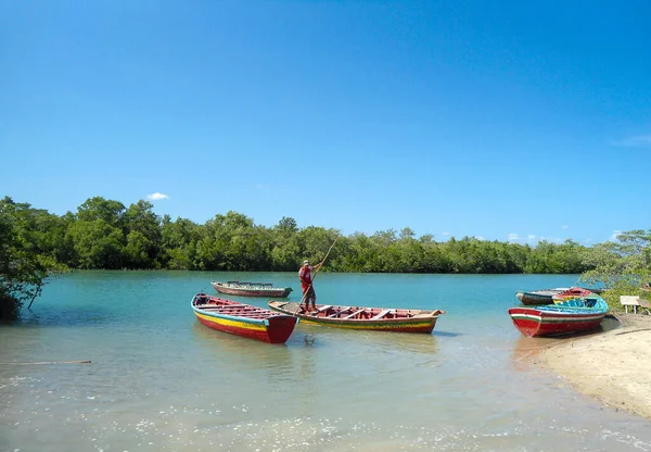 Uomo Una Piccola Barca Nel Fiume Tropicale Aracati Ceara Brasile — Foto Stock