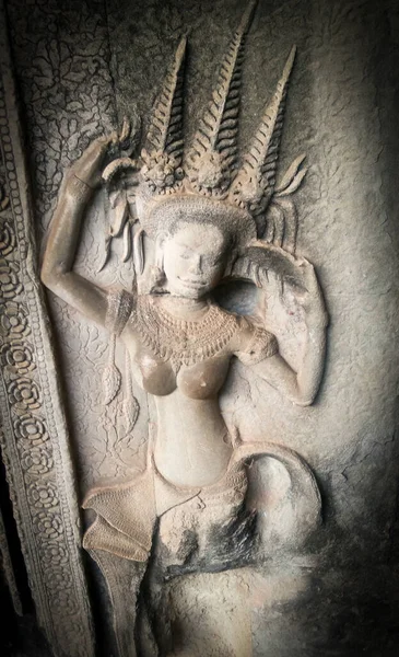 Bailarina Esculpida Pared Angkor Wat Camboya Arquitectura Khmer Antigua — Foto de Stock