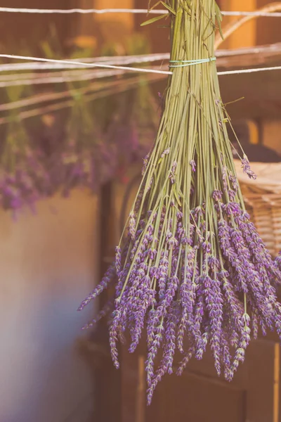 Drogen van lavendel - een boeket van lavendel opknoping op een koord — Stockfoto