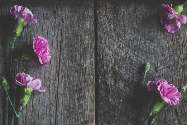 Pink Carnations Flowers Wooden Vintage Background Flat Lay — Stock Photo, Image