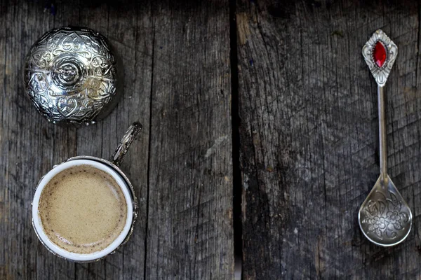 Turecká Káva Tradiční Pohár Lžička Dřevěné Pozadí — Stock fotografie