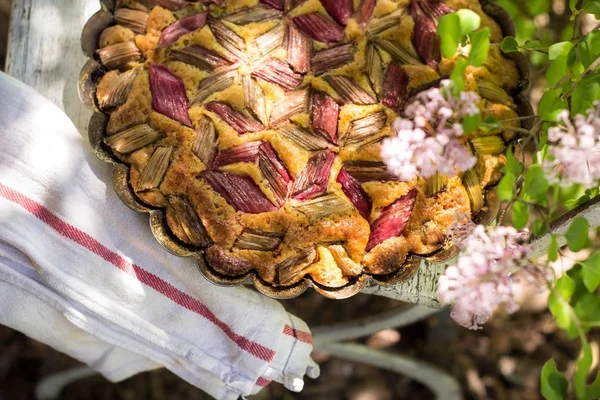 Lekker Vers Gebakken Rustieke Rabarber Taart Picknick Tijd — Stockfoto