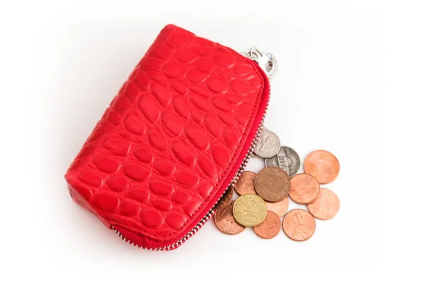 Rote Geldbörse Mit Münzen Vor Weißem Hintergrund Foto Mit Kopierraum — Stockfoto