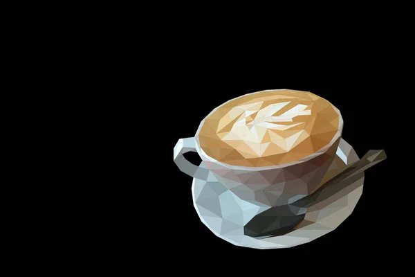 Isolated drawing of a cup of coffee on a black backdrop. Copy space. coffee with milk. Mug of coffee with a spoon and a plate on a empty backdrop. Coffee with an artistic drawing made of creme.