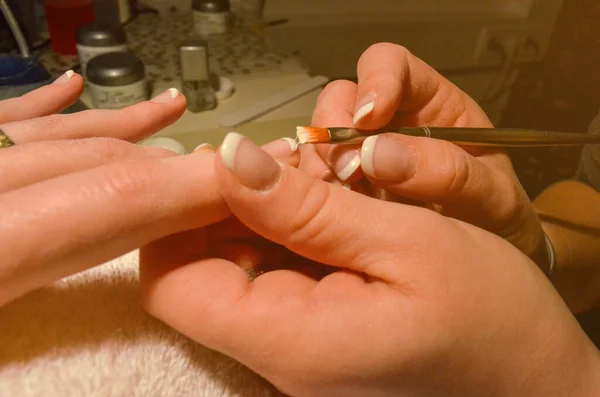 Hands Woman Doing Manicure Another Woman Photo Visible Faces Concept — Stock Photo, Image