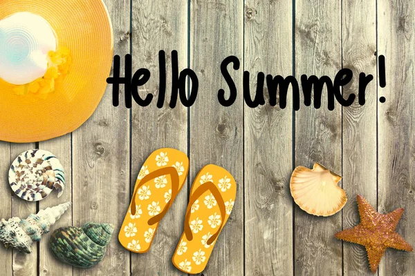 Illustration for summer. Poster, collage or background. Discount. Summer background with the text: Hello summer. Sale banner with beach objects. season discount promotion. Copy space.