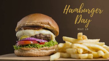 Hamburger ve patates kızartması. Ulusal Hamburger Günü 'yle ilgili poster, afiş ya da arka plan. Ulusal hamburger günü. 28 Mayıs. Lezzetli fast food. Hamburger günü, 28 Mayıs 'ta. Yemek. Lezzetli.