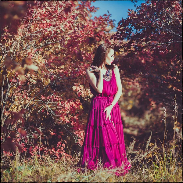 Joven Chica Hermosa Con Pelo Largo Oscuro Vestido Largo Rojo — Foto de Stock