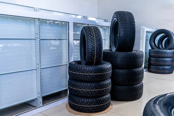 Car Tires Black Different Tread Patterns Lie Rows Stacks Top — Stock Photo, Image