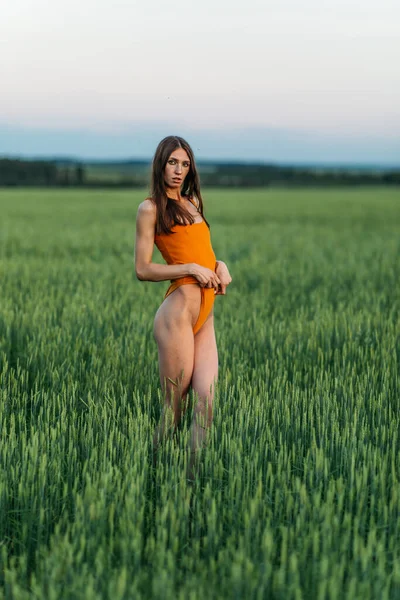 Menina Bonita Bodysuit Brilhante Morena Com Cabelos Longos Sozinho Campo — Fotografia de Stock