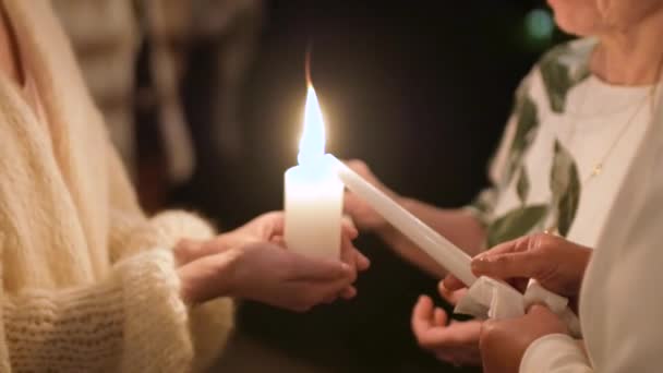 Night Bride Groom Two Mothers Hold Together Burning Candle Symbolizes — Stock Video