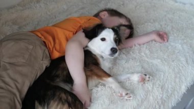 Sarı tişörtlü, kedili ve pantolonlu bir adam yatak odasında beyaz ve kahverengi küçük bir köpeğin üzerinde krem rengi battaniyeyle kaplı bir yatakta uzanıyor ve köpeğe sevgiyle sarılıyor. Köpek etrafına bakıyor.