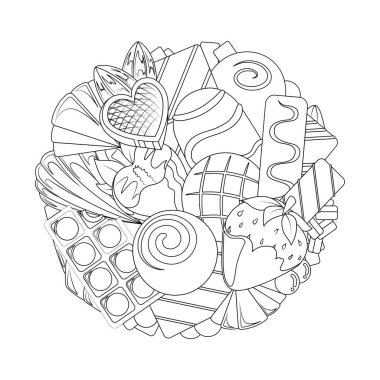 Çikolata ve Çilek Tatlı Kolajı Yetişkin, Çocuk, Çocuk Boyama Kitabı Sayfası. Satır Sanatı Yazdırılabilir Vektör Çizgi Filmi İllüstrasyonu.