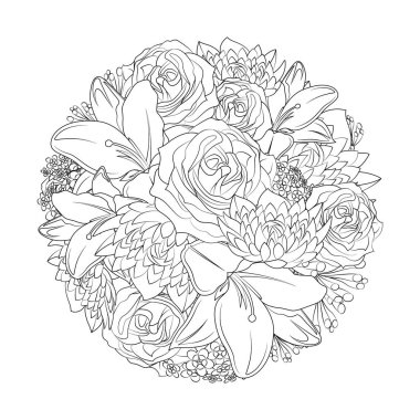 Çiçekler buketi güllerden, zambaklardan ve diğer çiçek meselelerinden oluşur. Yetişkinler için Çizgi Sanatı Yazdırma Kolajı. Düğünler, aşk ve sevgililer günü teması.