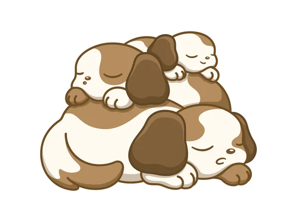 Cute Dog Puppies Sleeping Top Each Other Vector Art Flat — Stock Vector