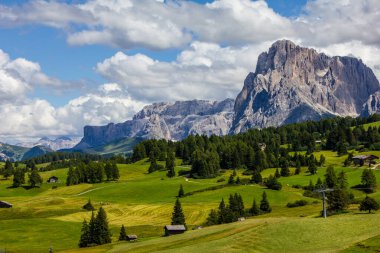 Arka planda Gruppo del Sassolungo ve Sella Dağları ile Alpe di Siusi manzarası