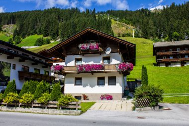 Tux, Avusturya - 11 Ağustos 2019: Tux Vadisi 'nde Geleneksel Chaletler, Tyrol