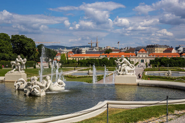 Vienna, Austria - June 19, 2018: View of a Fountain and Lower Belvedere Palace on a Summer Day