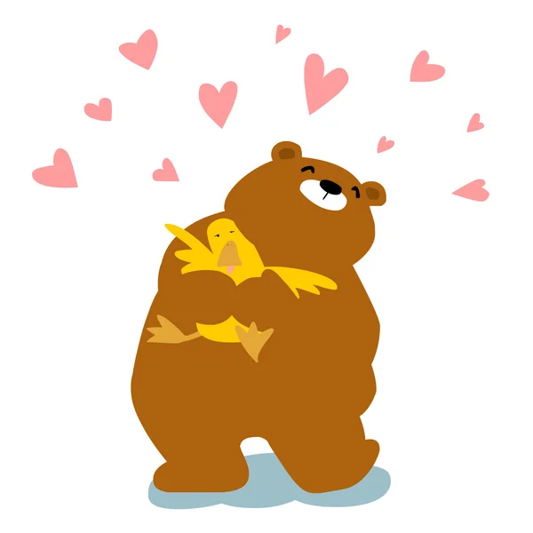 Big bear cuddle duck cartoon character vector — Stock Vector