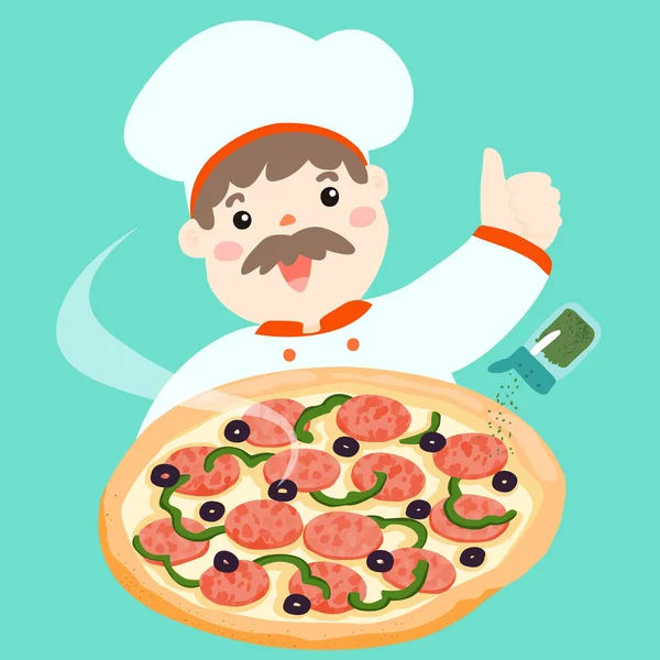 Chef personaje de dibujos animados con vector de pizza caliente — Vector de stock