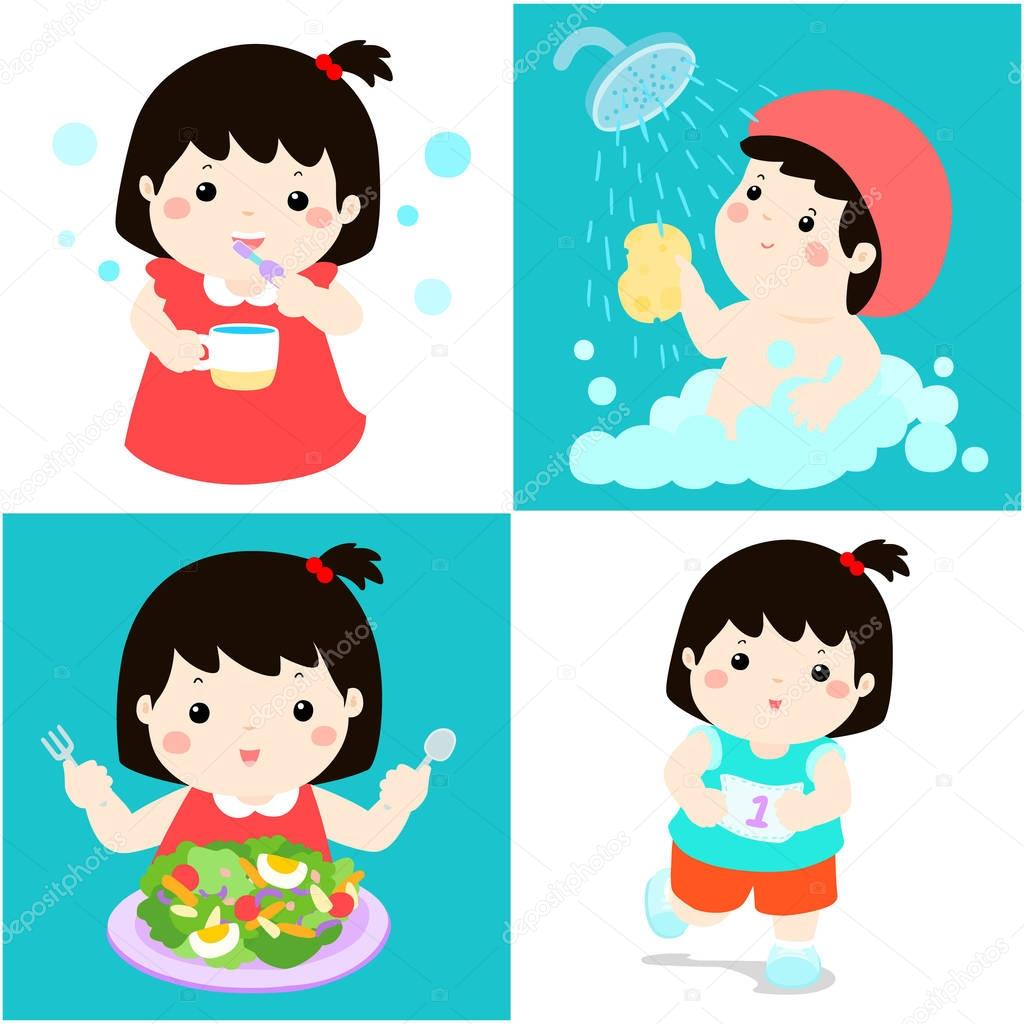 Daily healthy routine for girl cartoon vector