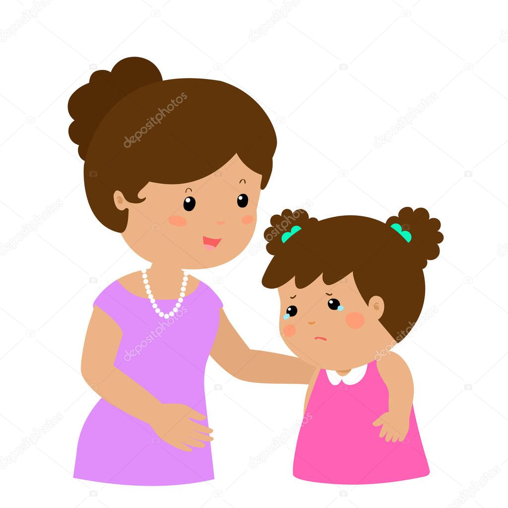 kind mom soothes crying daughter vector illustration