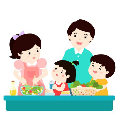 Mutlu aile yemek sağlıklı gıda birlikte çizgi film karakteri vektör